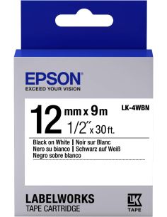 Cinta Epson LK-4WBN de texto Negro sobre fondo Blanco de 12mm de ancho x 9m de largo