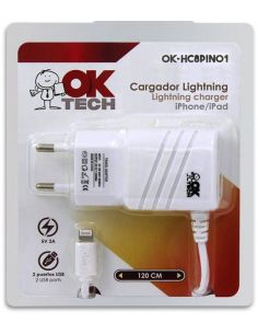 Cargador OkTech Lightning iPhone/iPad 5V 2A 1.2m + 2 Puertos USB Blanco OK-HC8PIN01