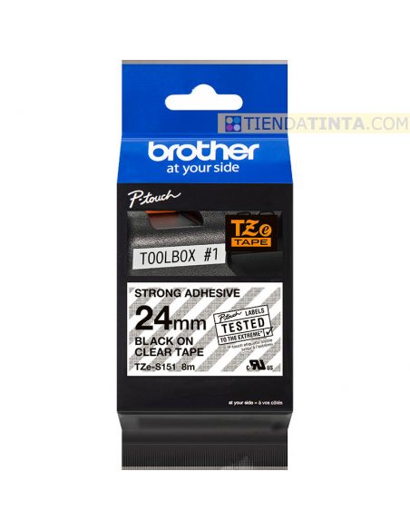 Cinta Brother TZeS151 24mm laminada súper adhesiva Texto negro fondo transparente